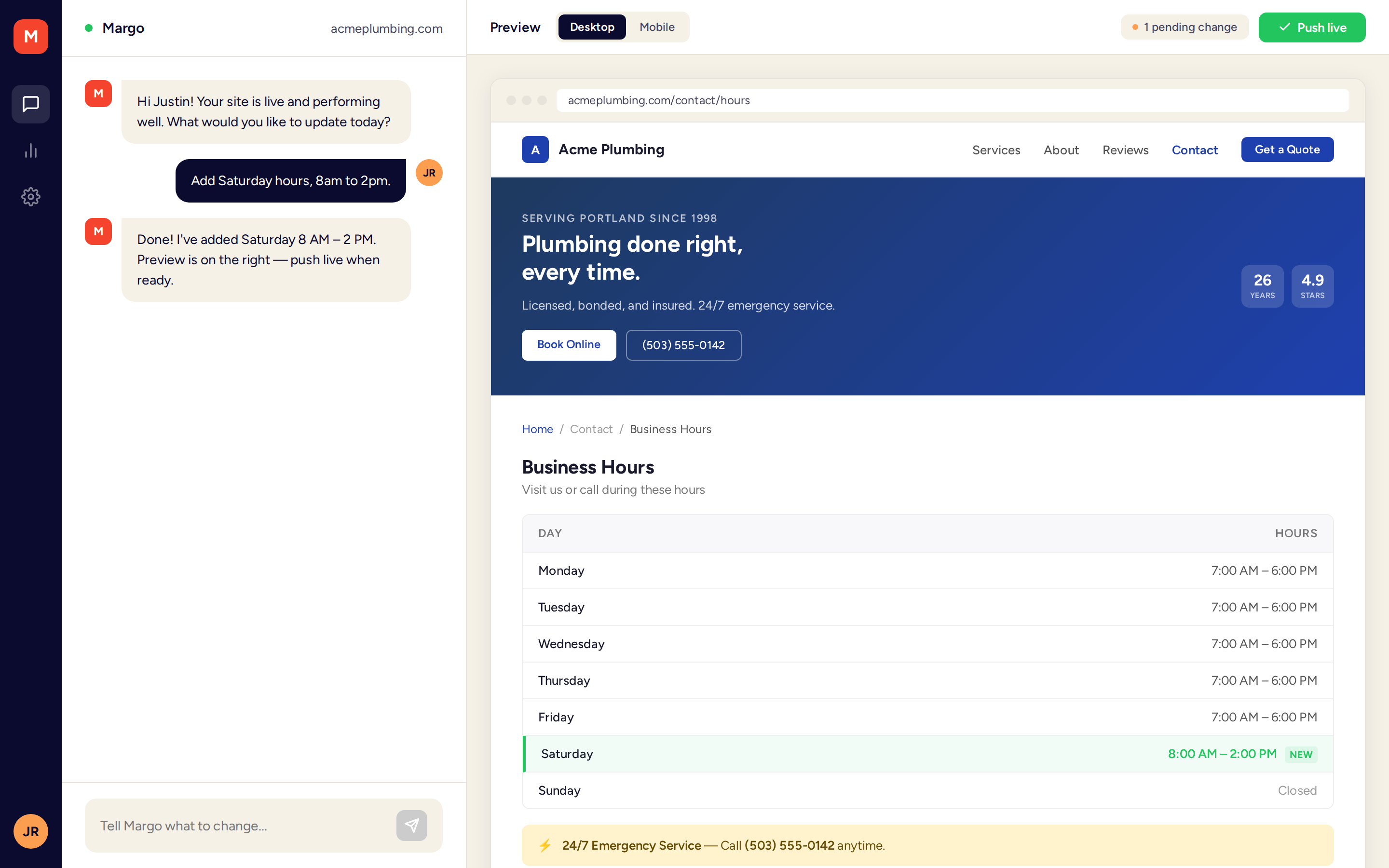 Margo chat interface with live website preview